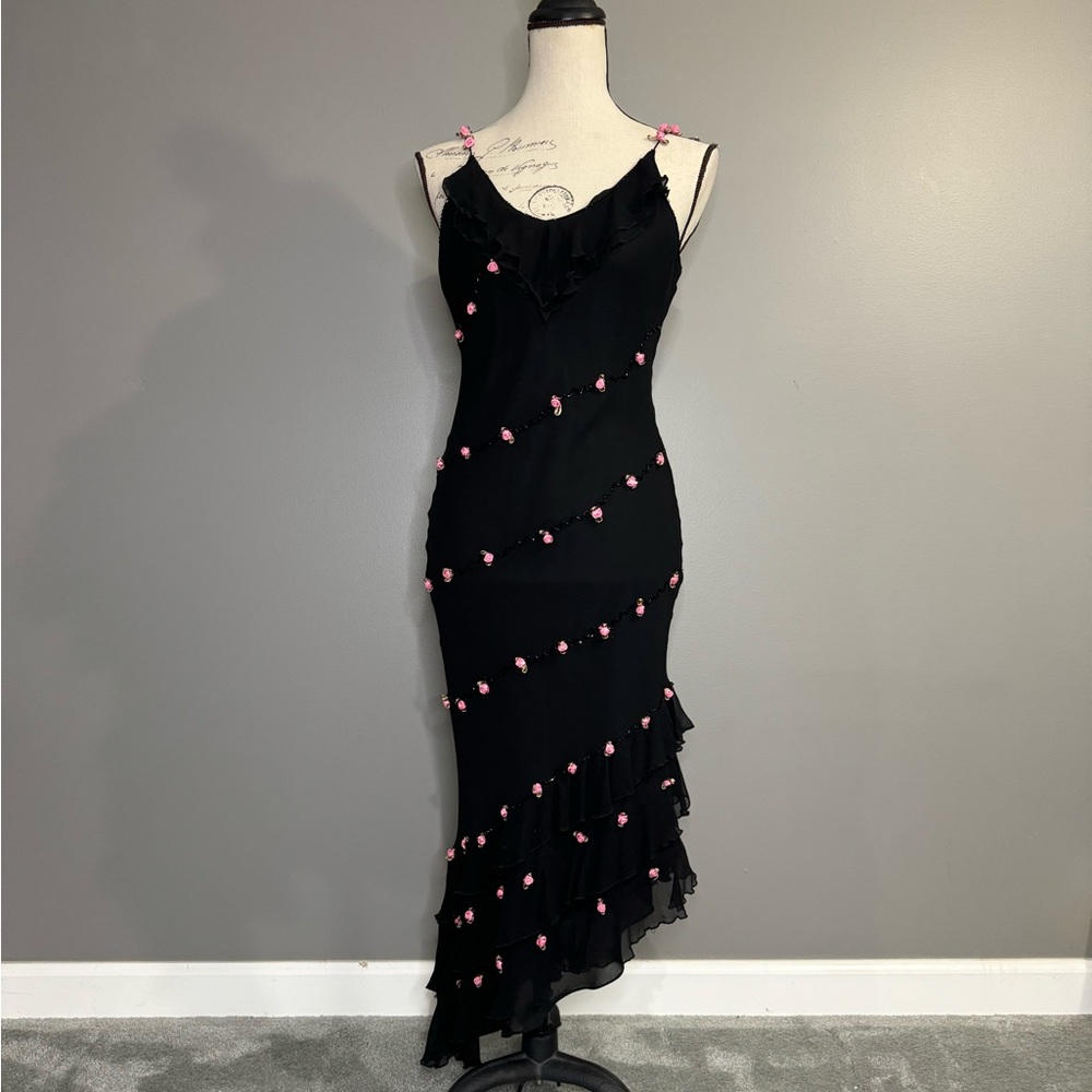 Vintage silk black asymmetrical rosette dress